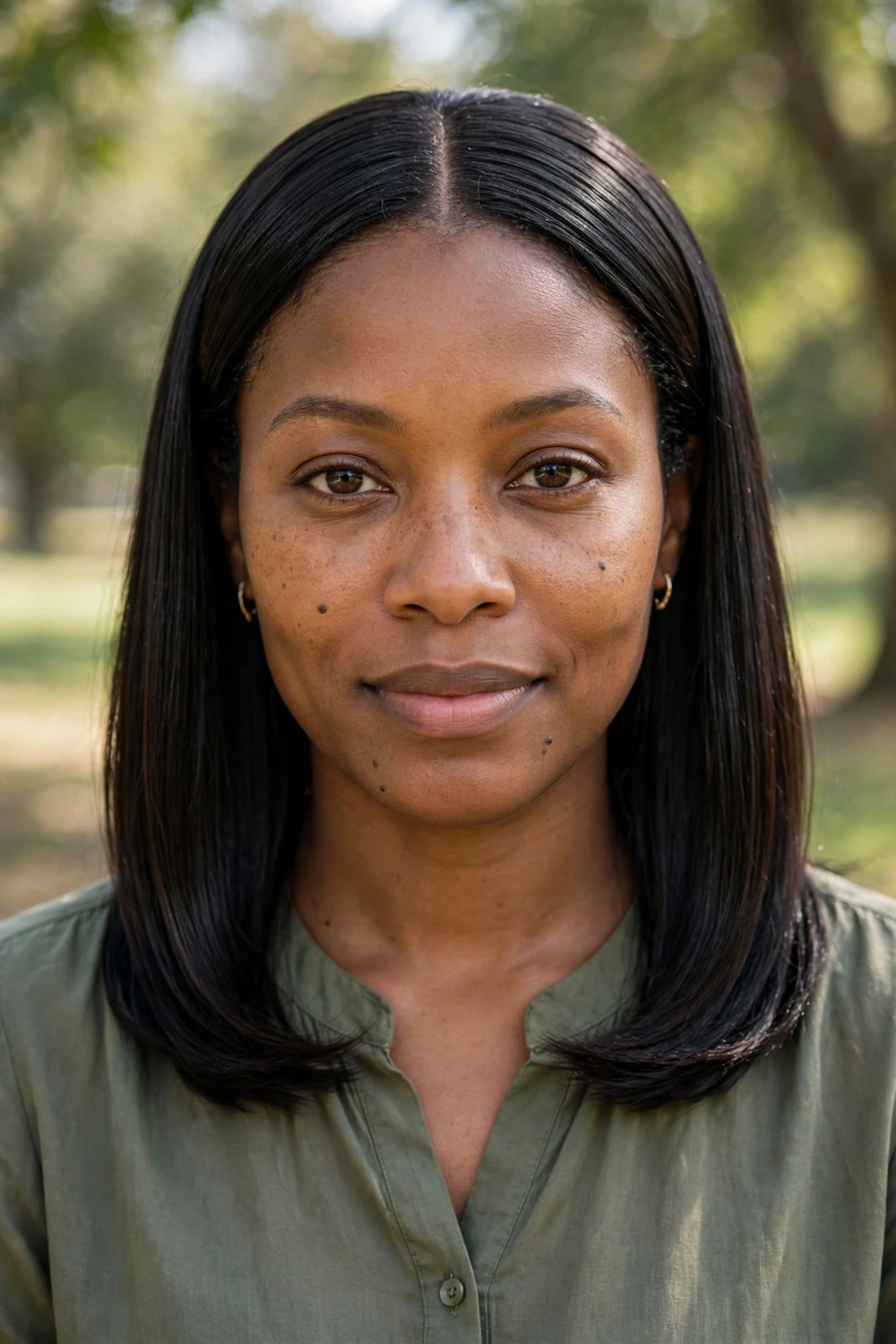 Black woman with a sleek middle-part silk press, bone-straight medium hair