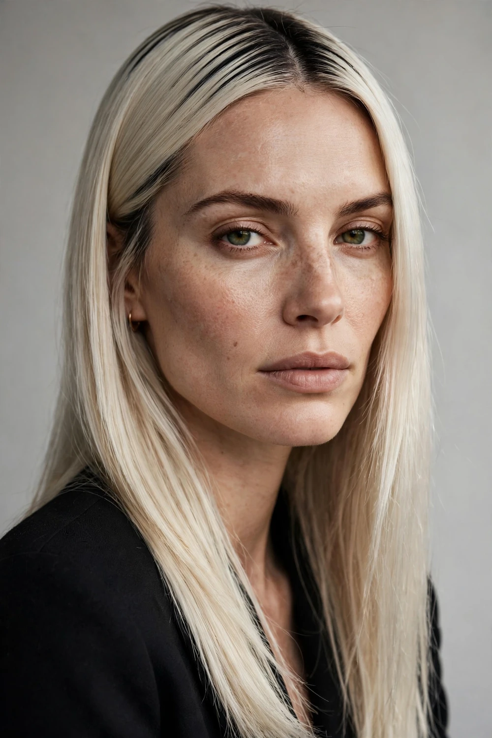 Sleek straight platinum blonde hair with sharp dark root contrast