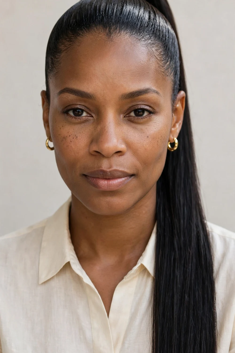 Black woman in her 30s with a sleek polished high ponytail, glossy hair smoothed back tightly into a long straight ponytail