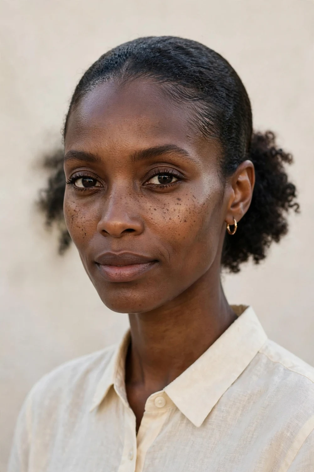 Black woman in her early thirties with an oblong face and natural curly hair sleekly pulled back into a low puff