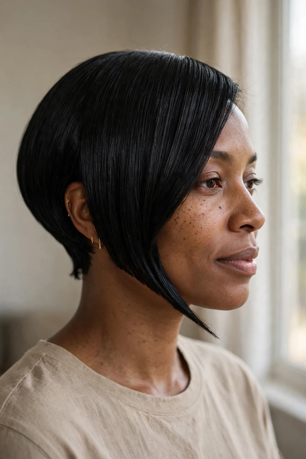 Black woman with sleek sharp-angle asymmetrical bob, one side at the jawline, the other tucked near the nape