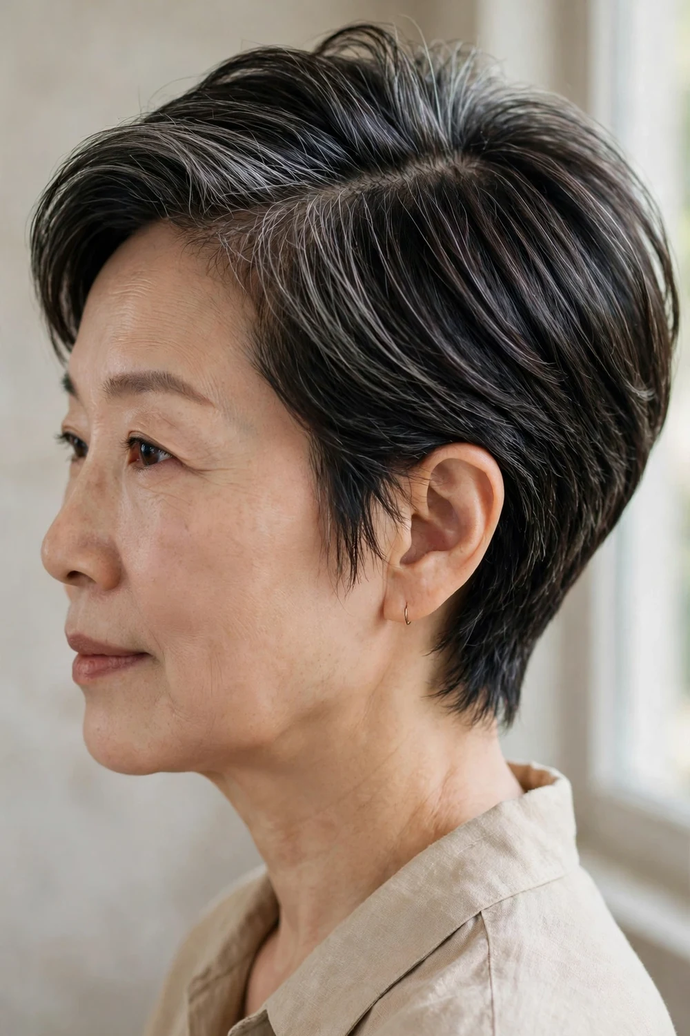 Side view of a sleek side-parted volume pixie on a woman over 50 with thin dark hair