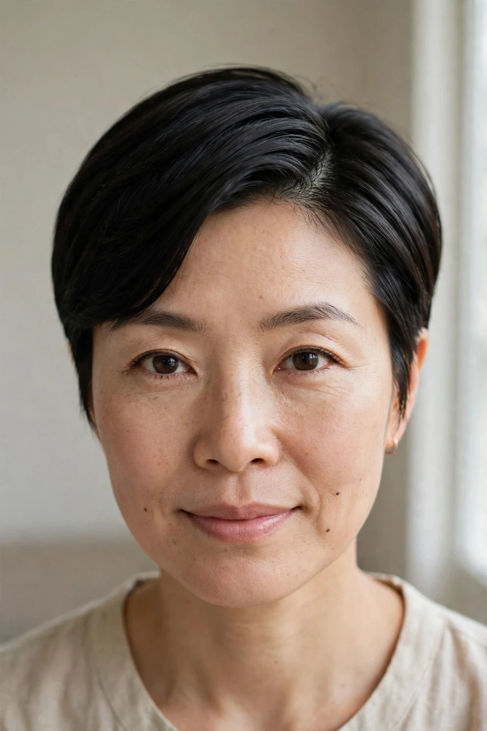 Sleek side-swept pixie with deep side part for a round face