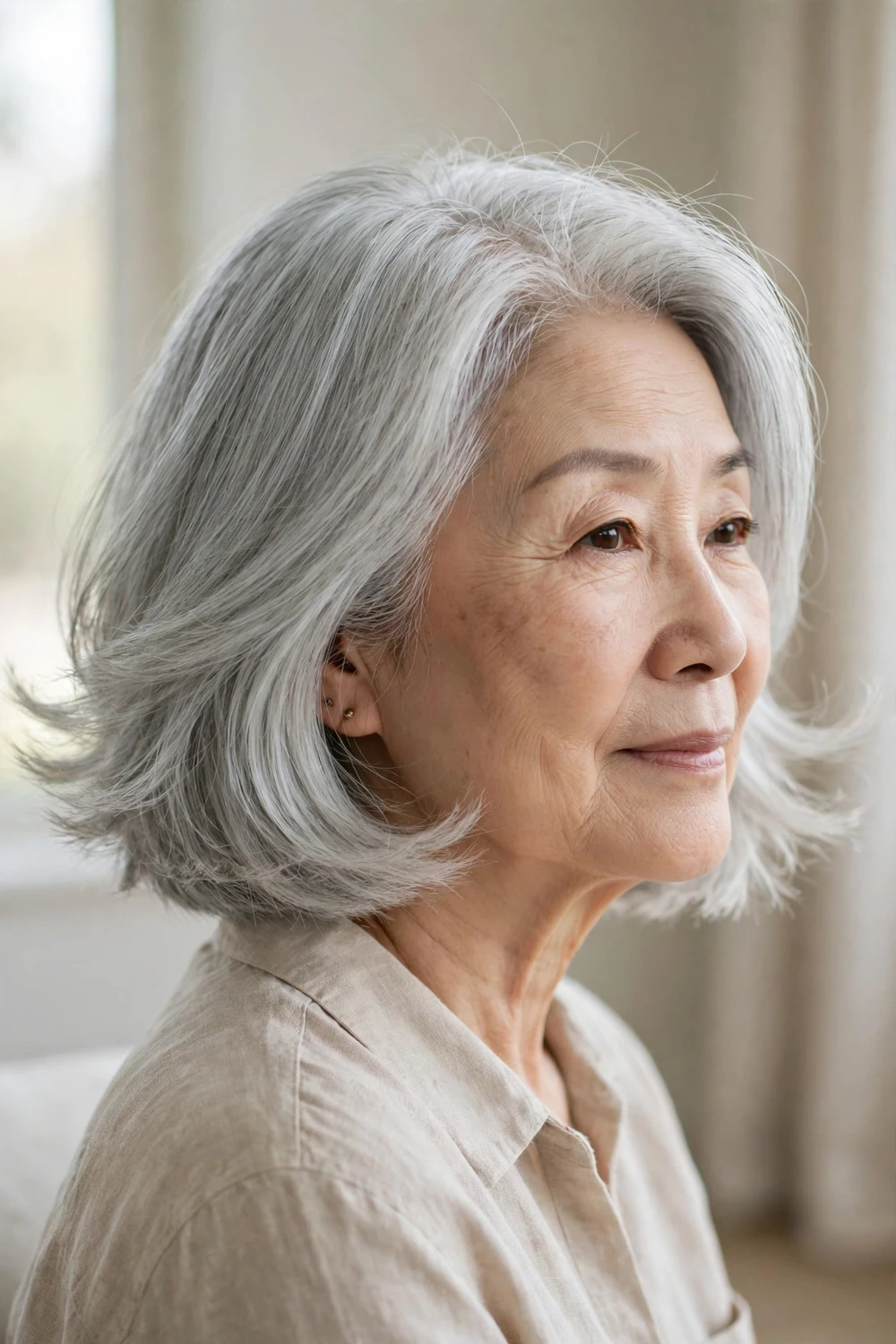 Sleek silver bob with airy feathered ends on a woman over 60
