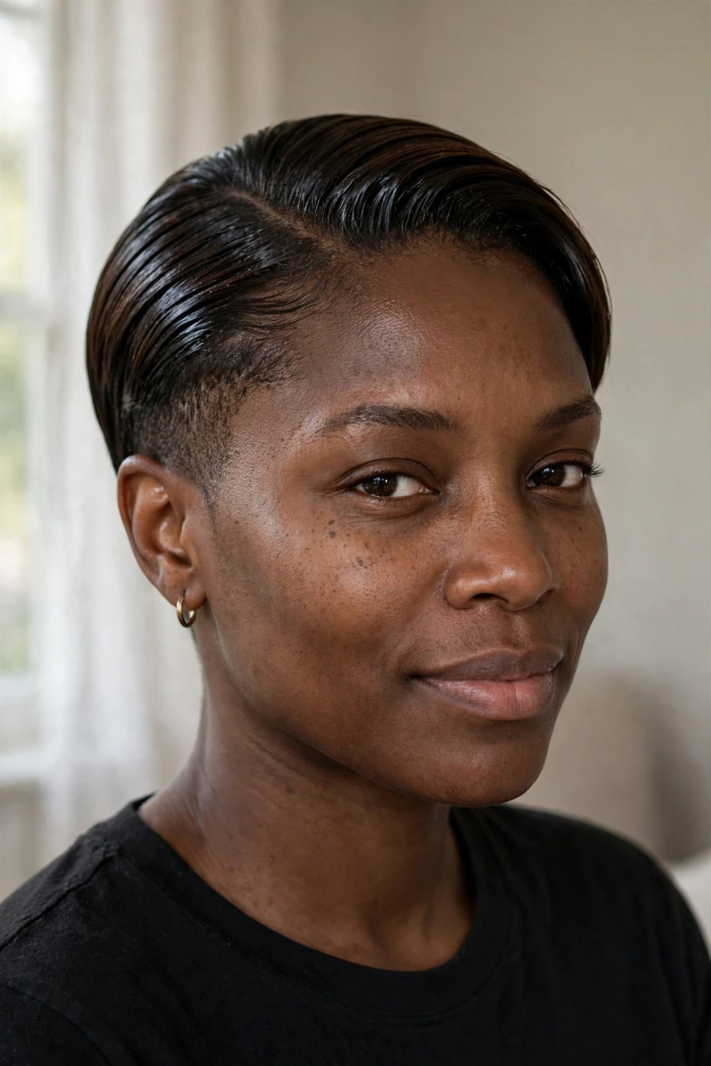 Woman with dark hair in a sleek slicked-back pixie bob with tapered sides