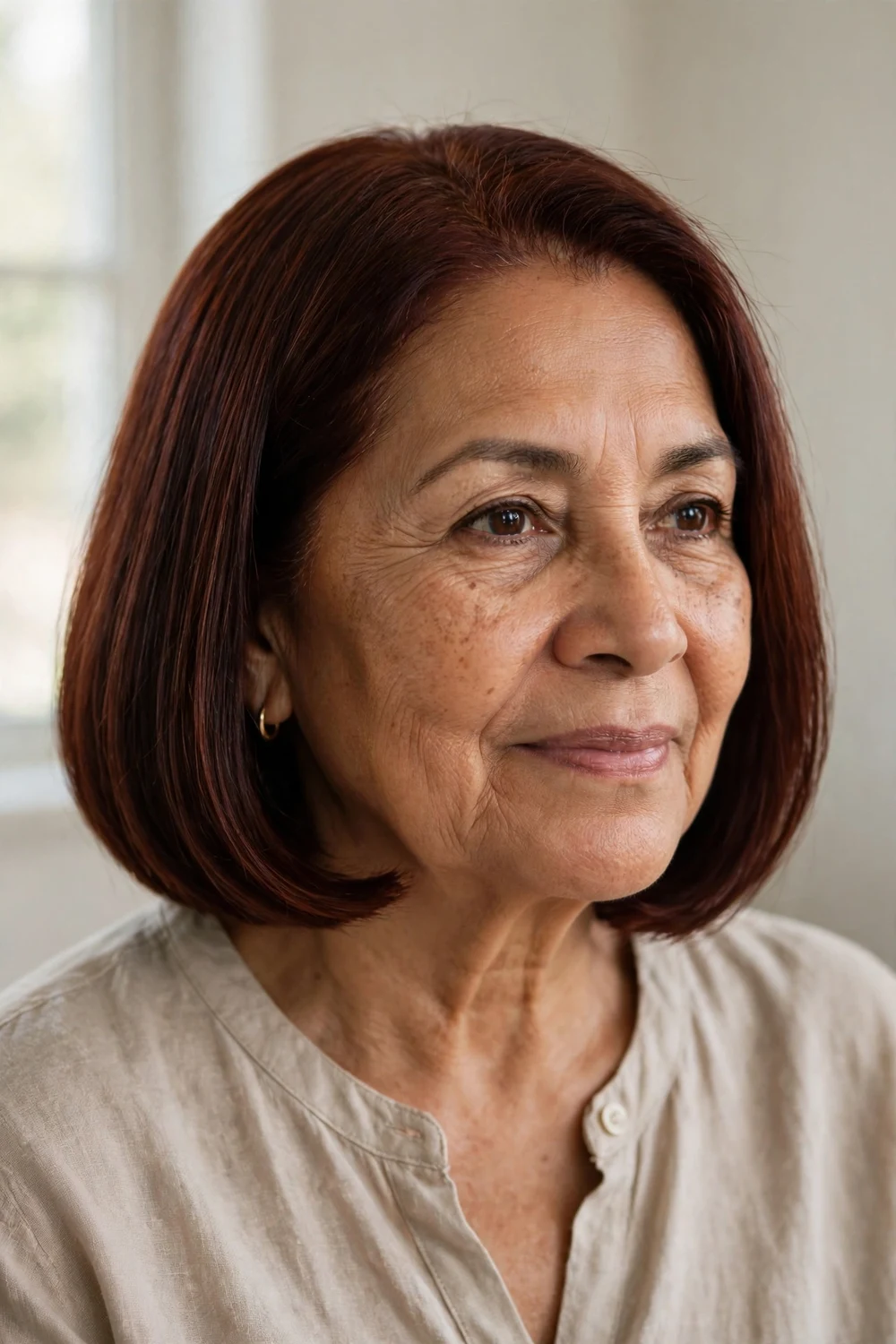 Woman over 60 with sleek straight glossy bob with ends tucked under