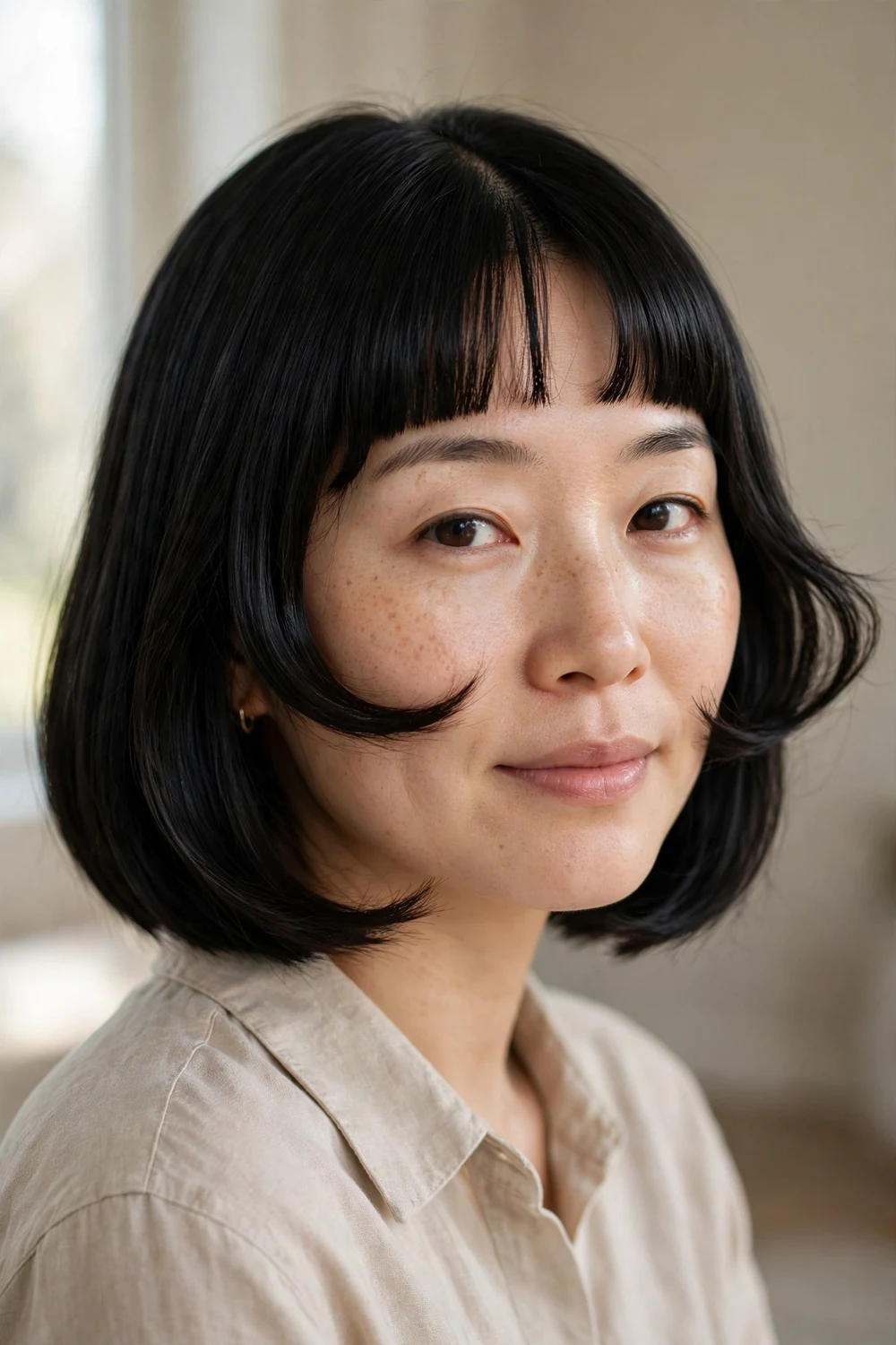 Woman with sleek straight bottleneck bob and flared center fringe
