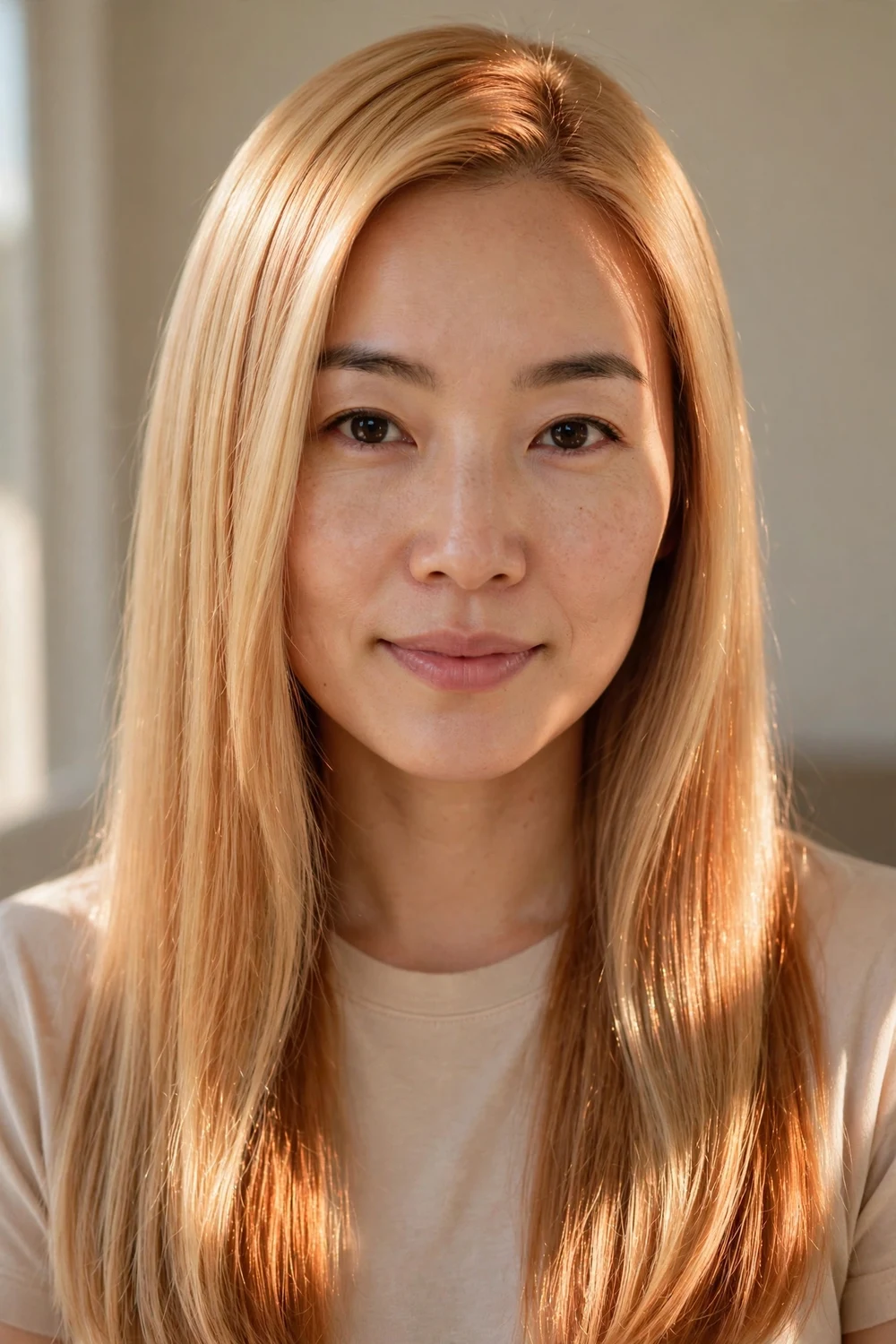 Sleek polished straight long blonde hair with a warm copper sheen