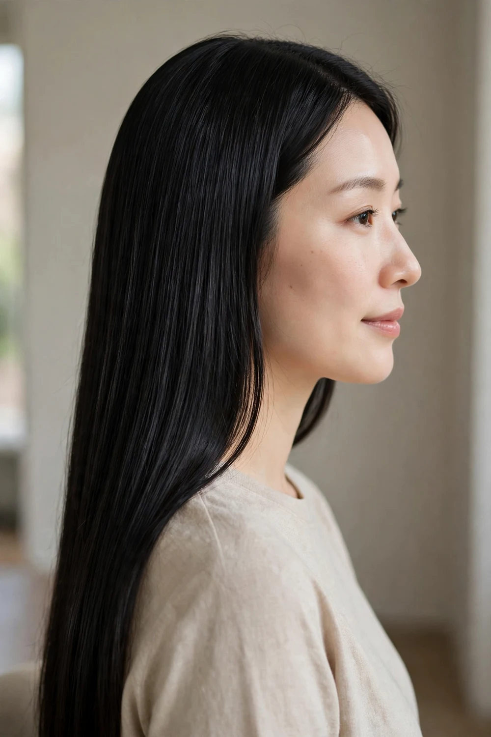 Woman with sleek straight long hair for Christmas