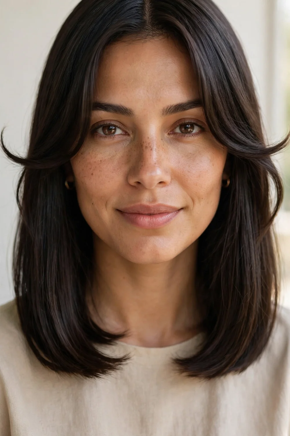 Sleek straight long bob with curtain bangs
