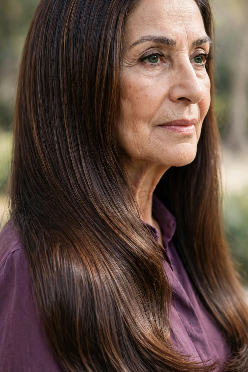 Woman in her 60s with sleek straight long hair, feathered ends, front view
