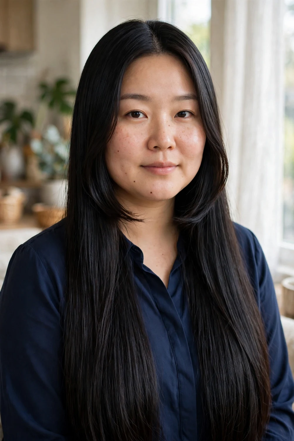 Woman with a round face and sleek straight waist-length black hair with chin-length face-framing layers