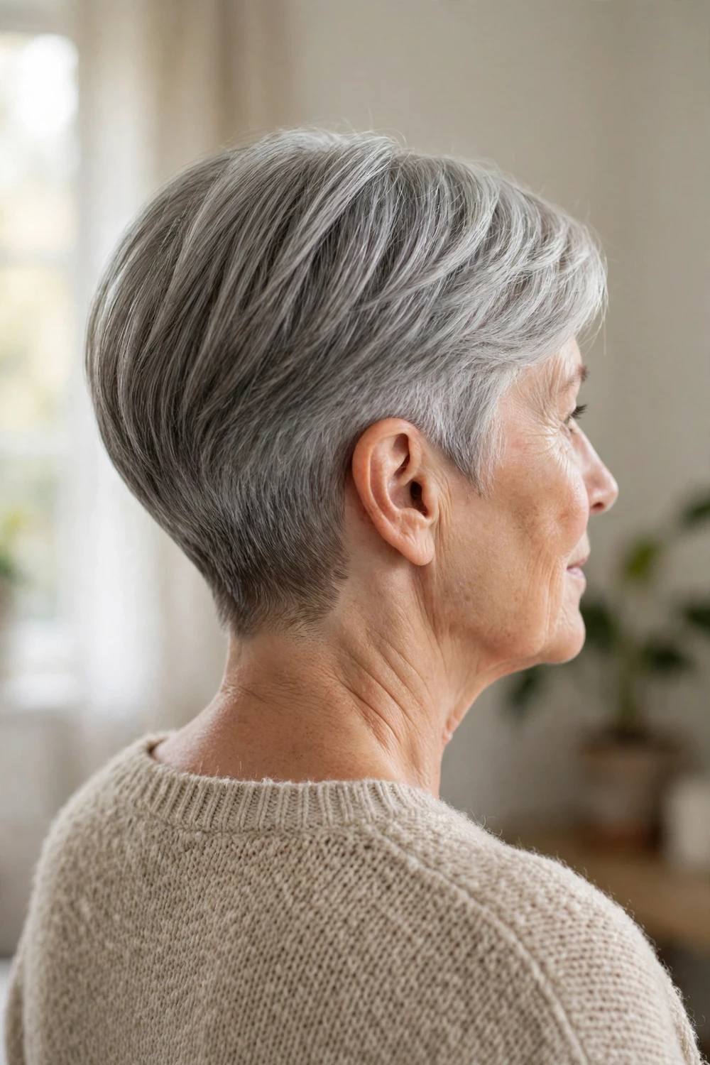 Sleek tapered grey haircut with short neckline