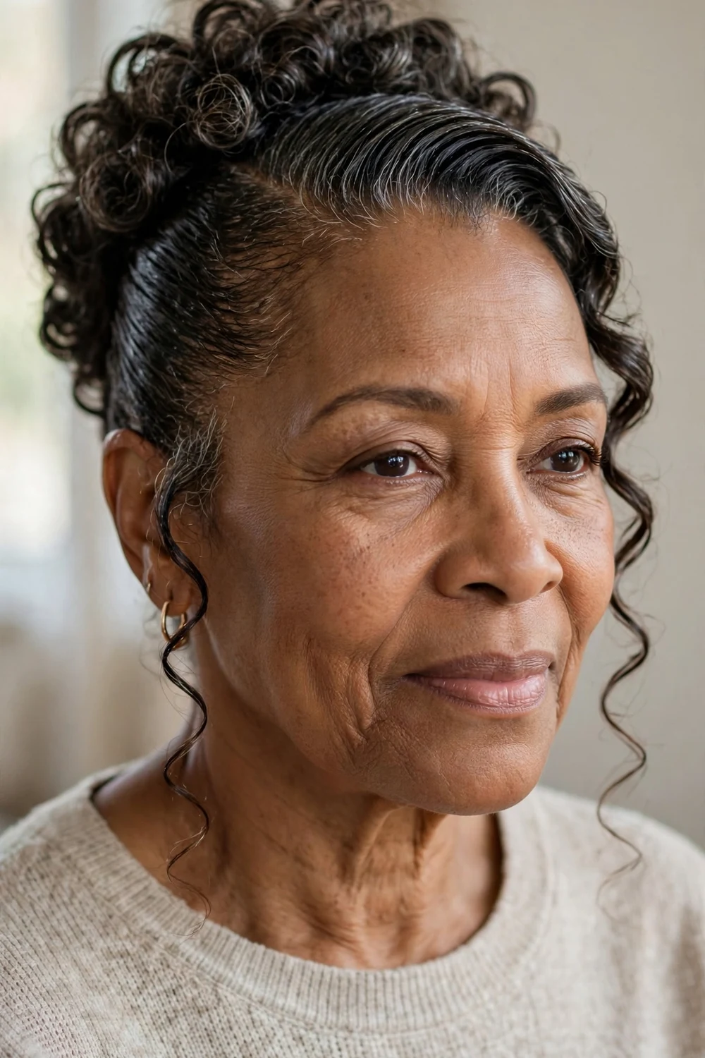 Older Black woman with a slick-back curly updo and face-framing tendrils