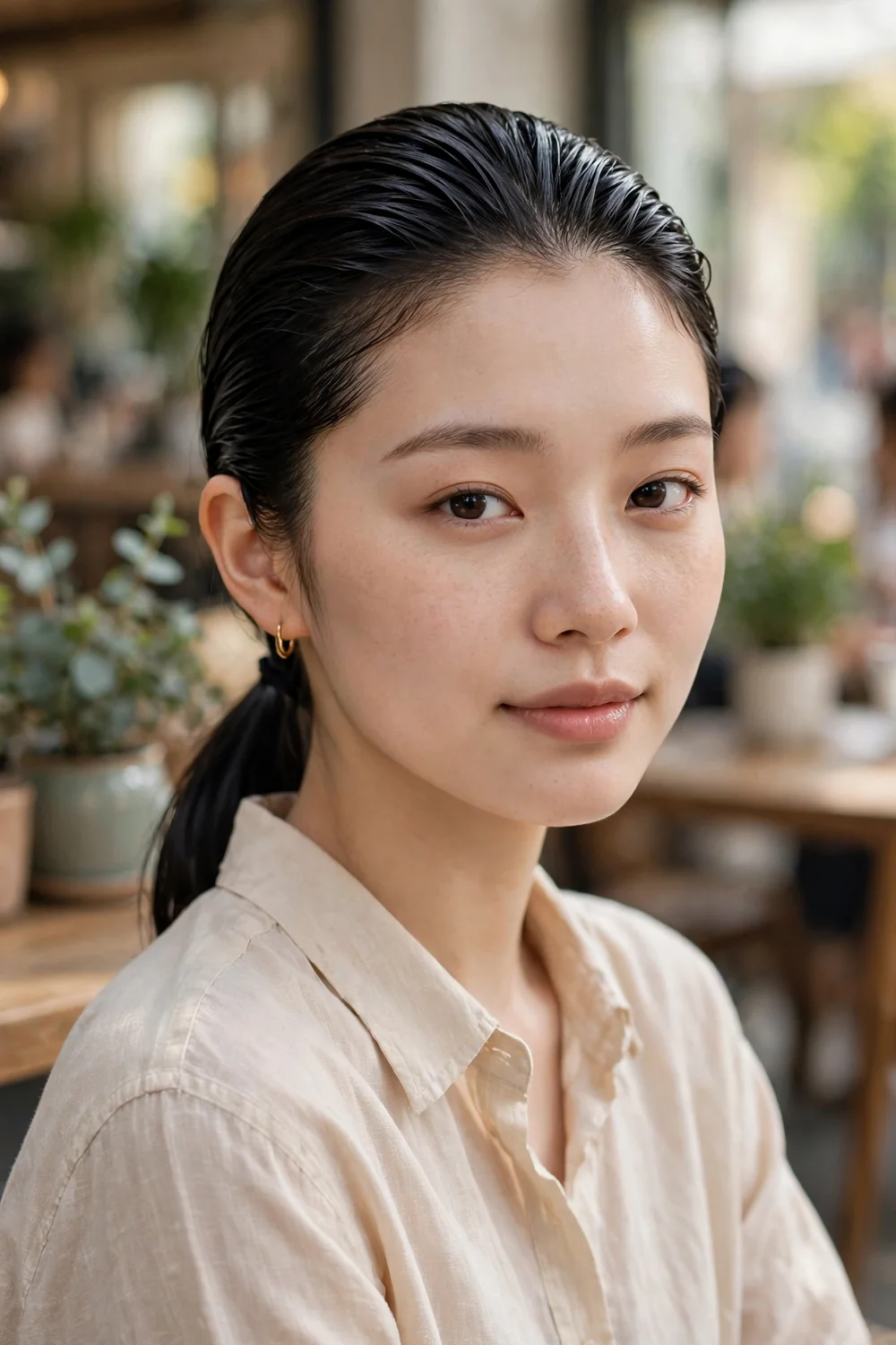 Young East Asian woman with a slick back low ponytail, glossy black hair combed back to the nape