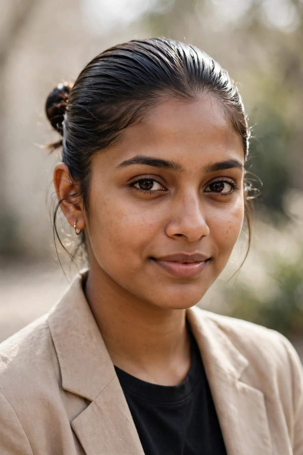 Young South Asian woman with a slick back mini bun, short hair brushed back into a small low bun