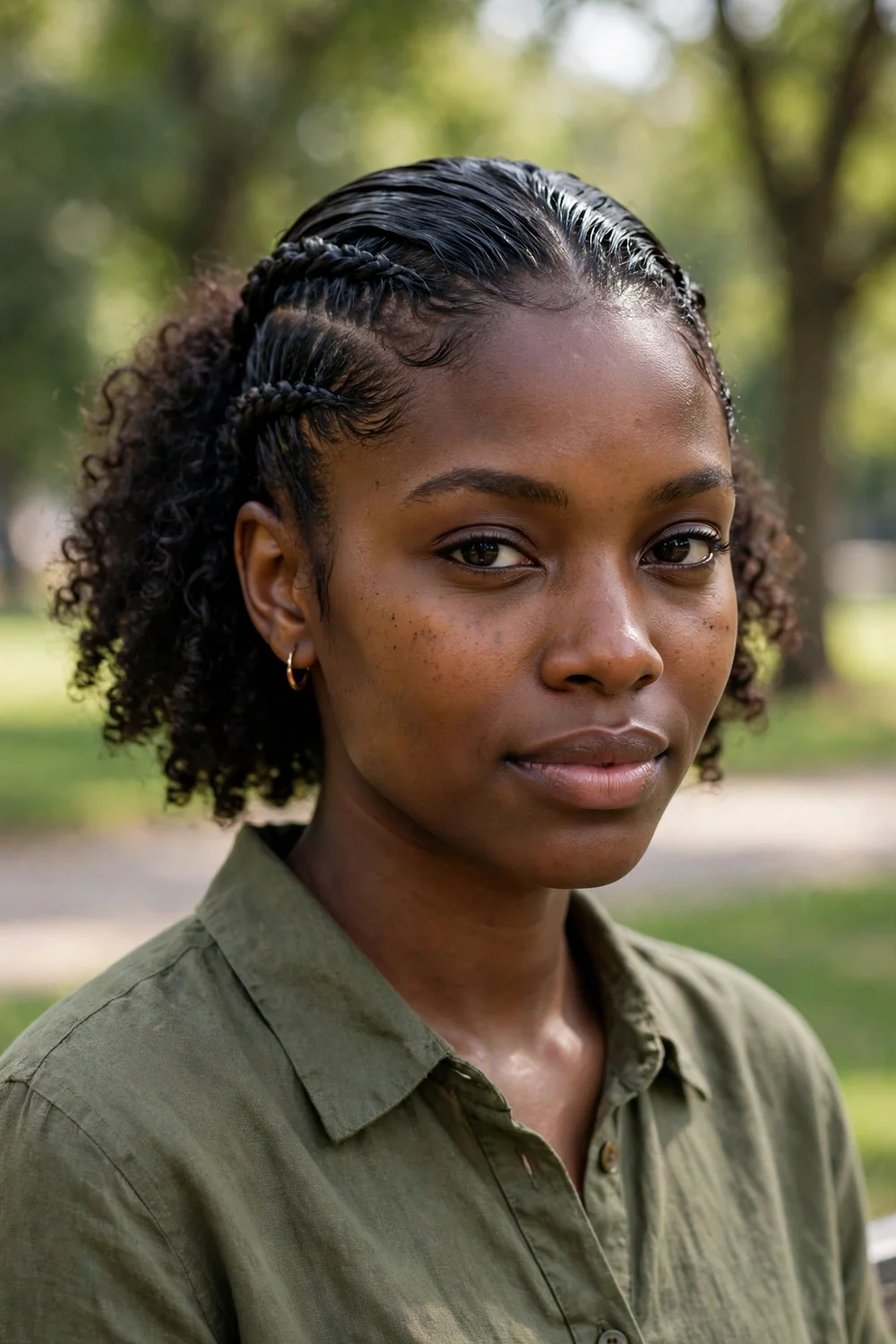 Black woman with slick back side braids, cornrow braids along the temples and full natural curls at the back