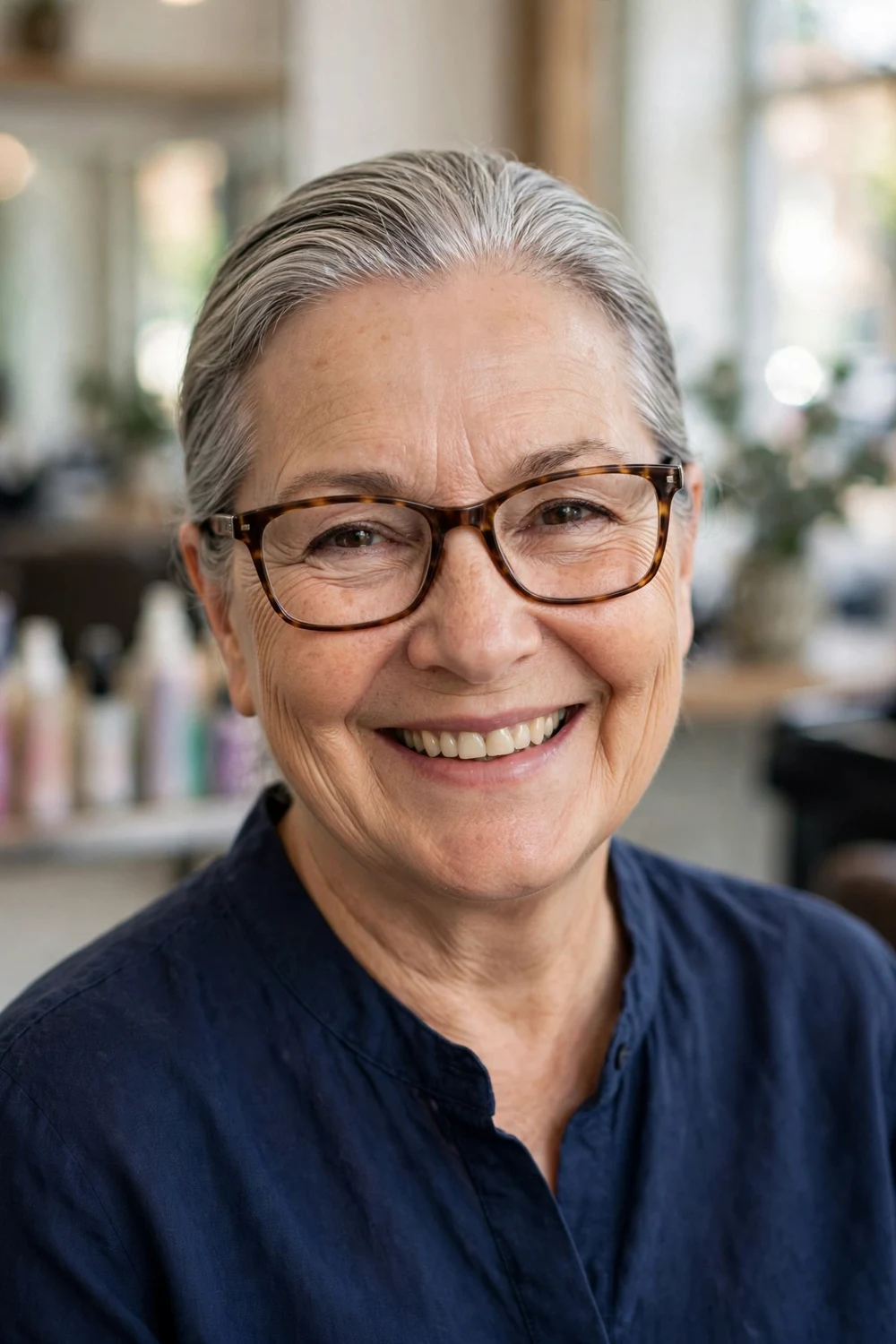 Slicked back hairstyle on a woman over 60 wearing glasses
