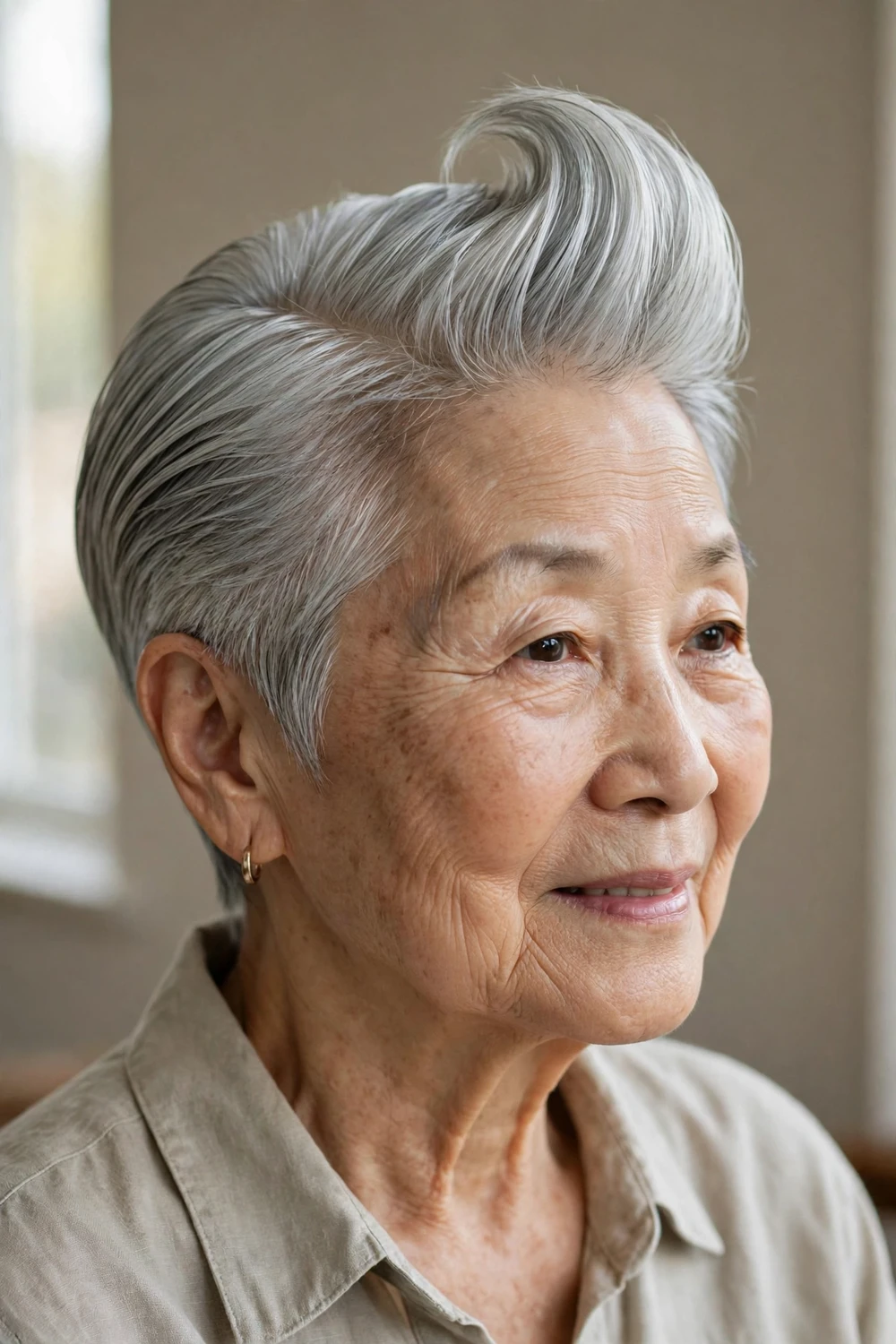Slicked-back silver pixie with pompadour quiff
