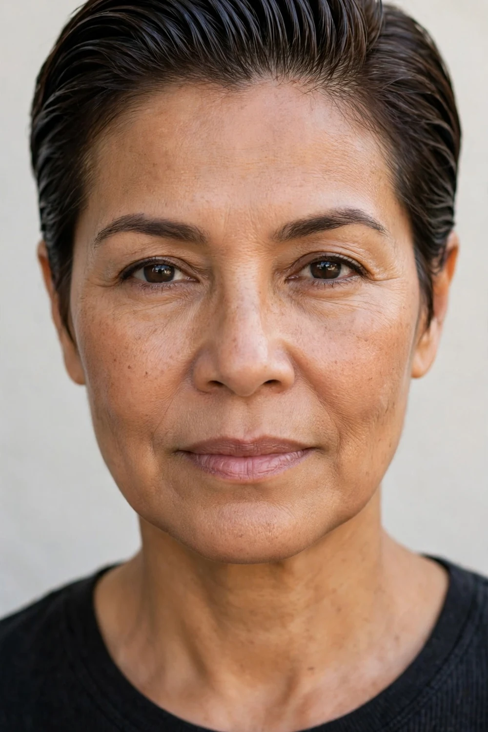 Woman with a slicked-back pixie on straight hair, sleek gelled-back finish with clean hairline