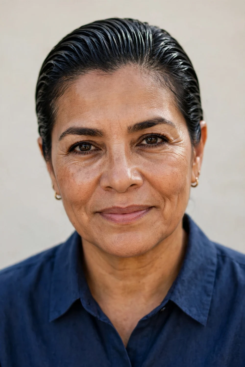 Latina woman in her forties with dark hair slicked straight back