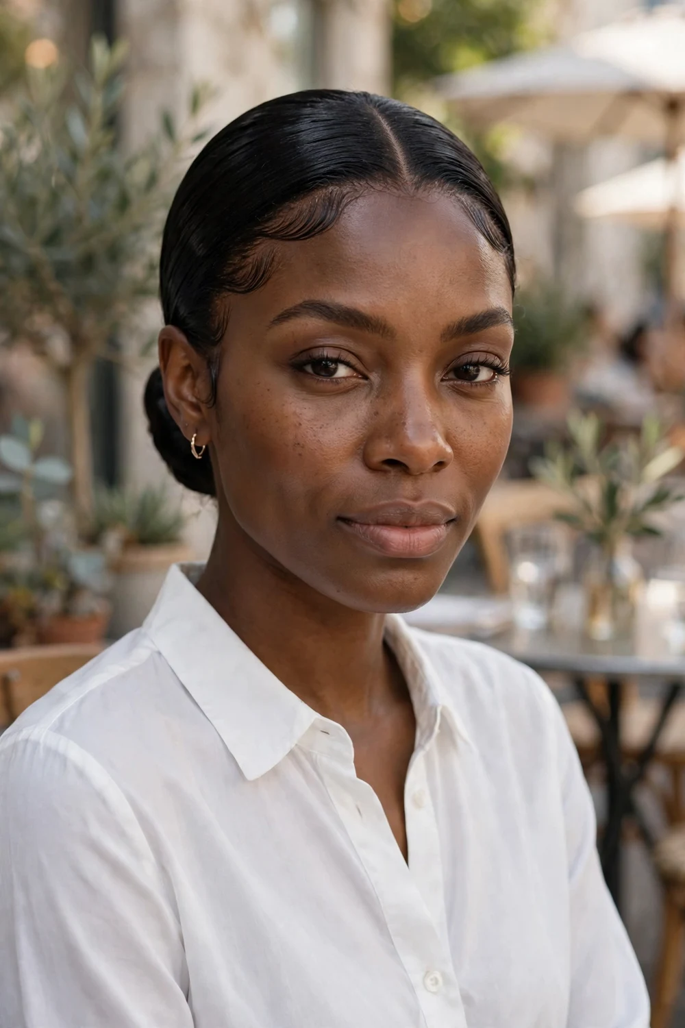 Woman with a sleek slicked-back low bun, smooth edges