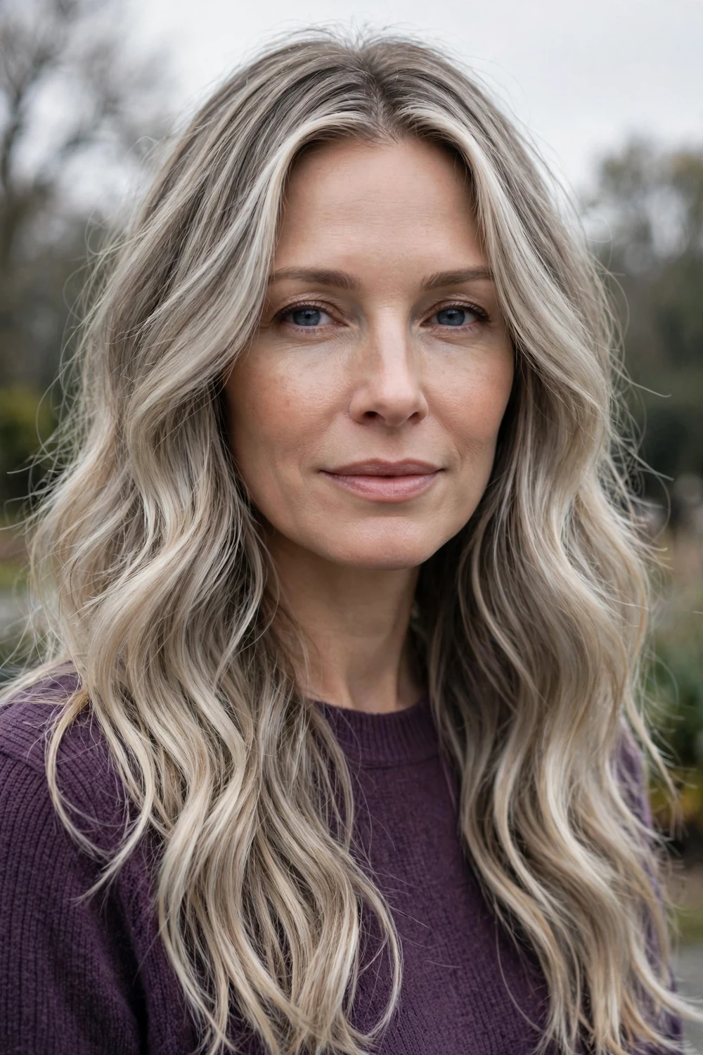 Woman with smoked ash balayage, smoky cool toner over natural blonde