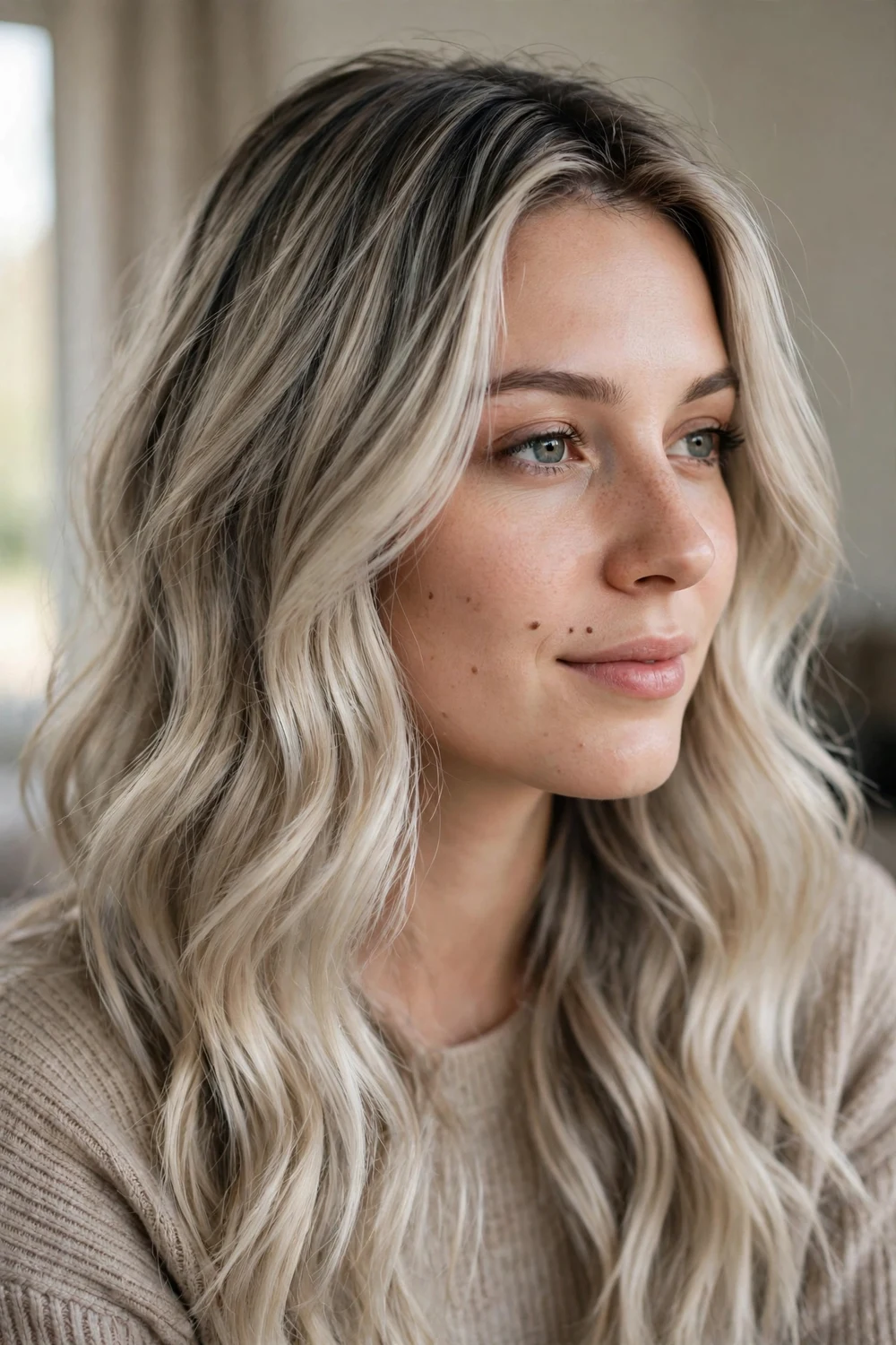 Smoky ash blonde waves with dark shadow roots melting into icy blonde lengths