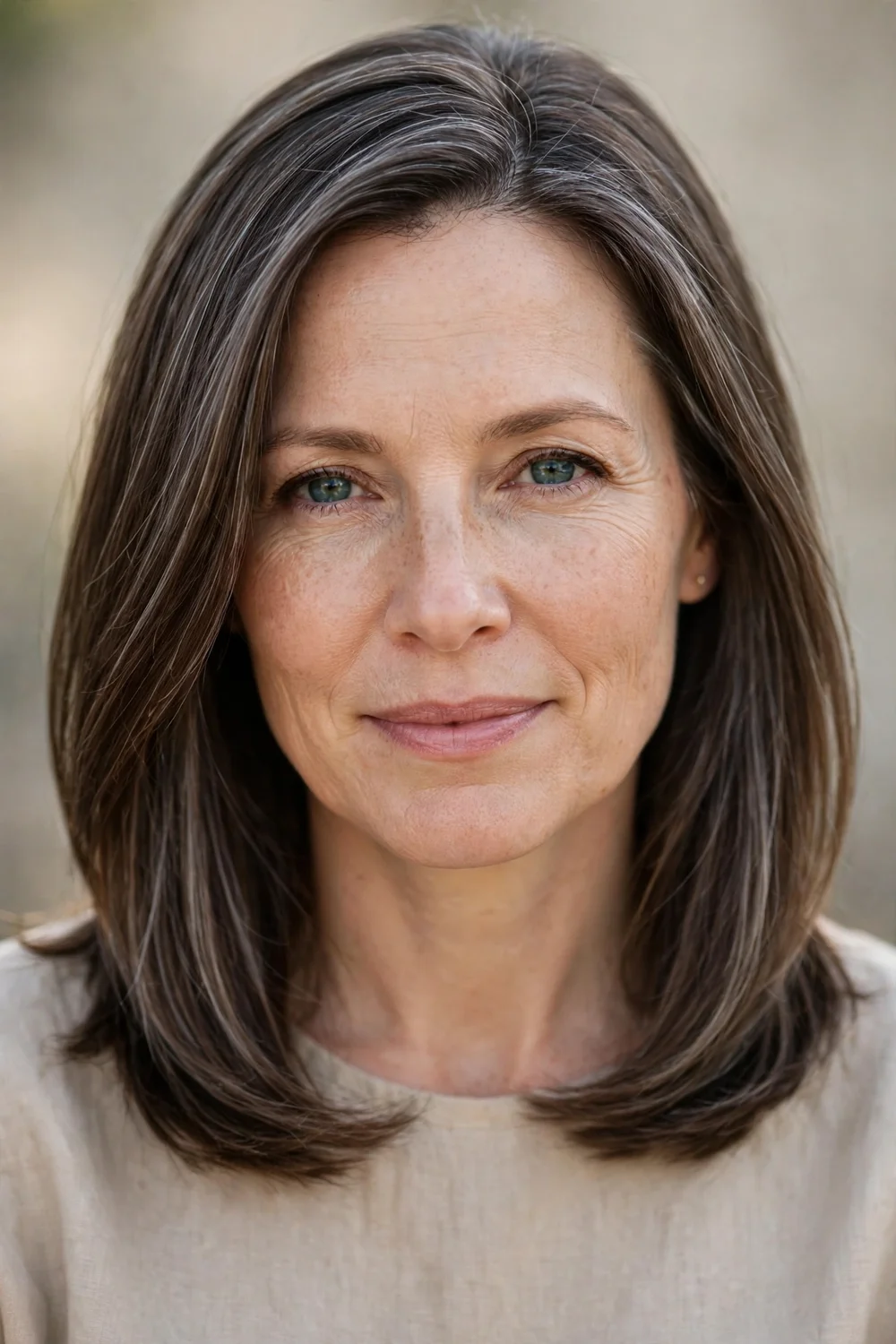 Woman with cool smoky ash-grey highlights on sleek brown hair, natural daylight