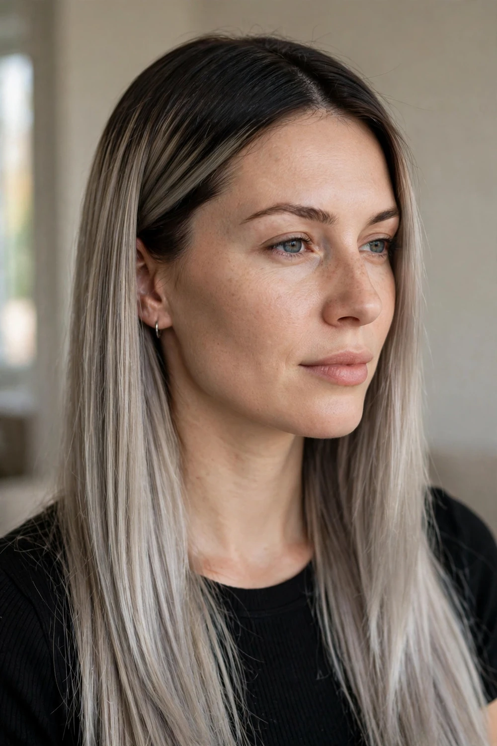 Smoky ash blonde hair with dark root melt gradient