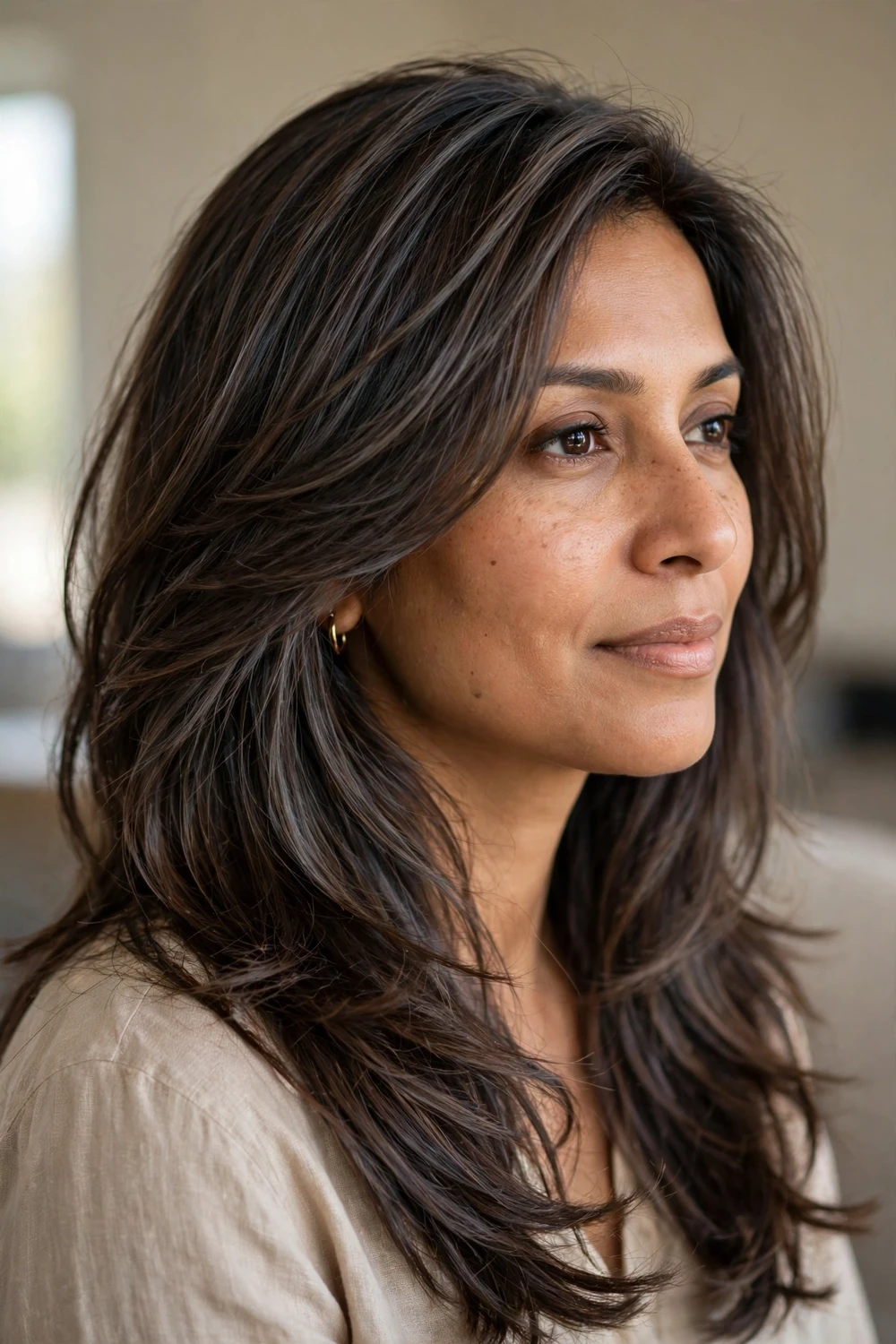 Woman with smoky chocolate brown long layered hair with gray undertones