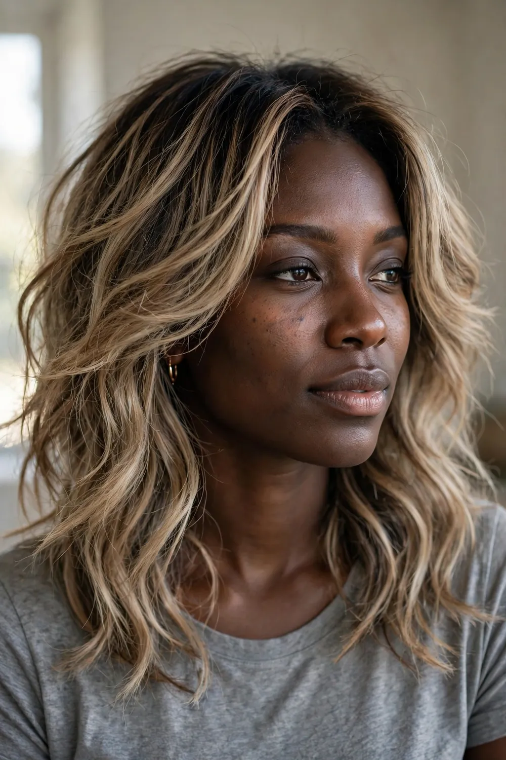 Smoky honey balayage with muted golden tones on light airy layered hair
