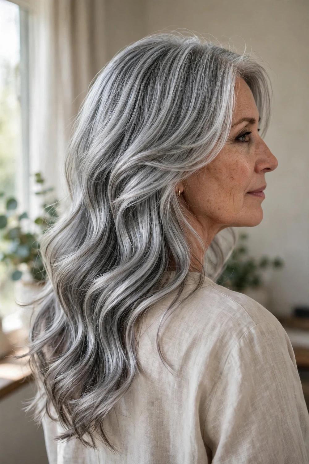 Smoky silver grey long layered hair with sleek metallic waves