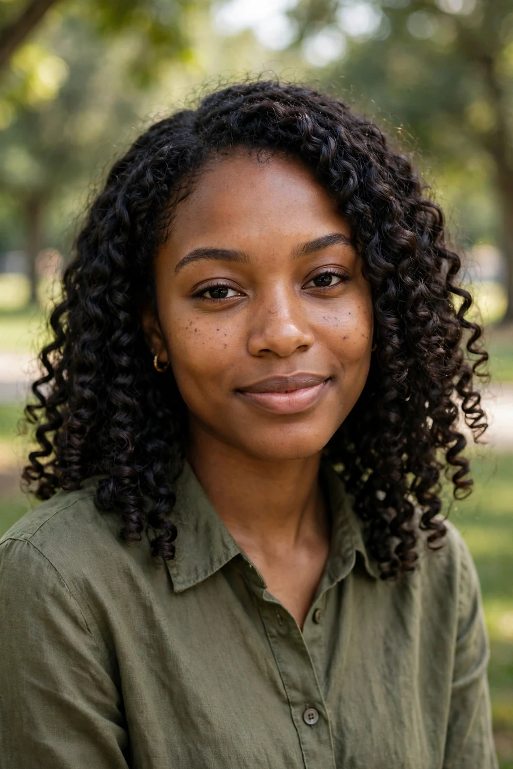 Woman with smooth, frizz-free defined waves after an anti-frizz routine