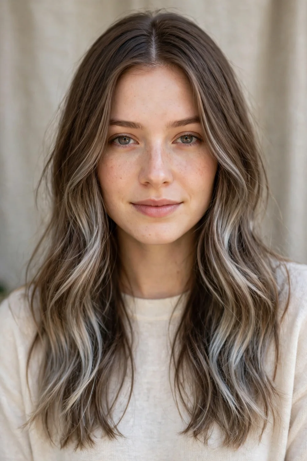 Woman with soft ethereal icy balayage accents on long brown hair, natural daylight