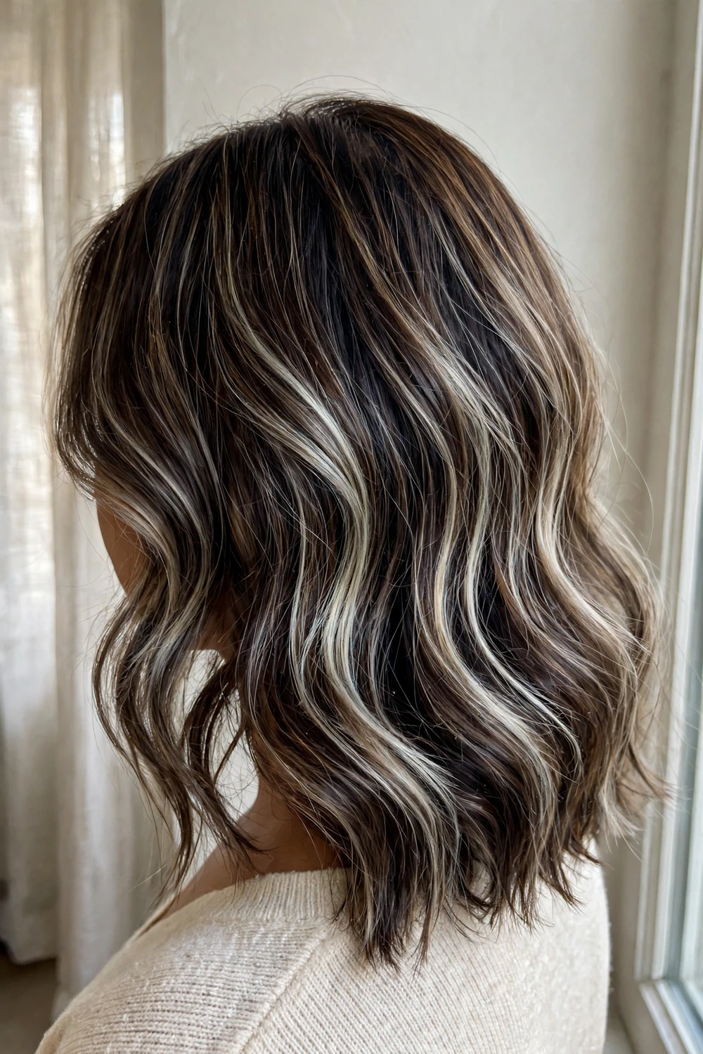 Woman with snowfall balayage on medium hair with icy blonde accents through dark hair