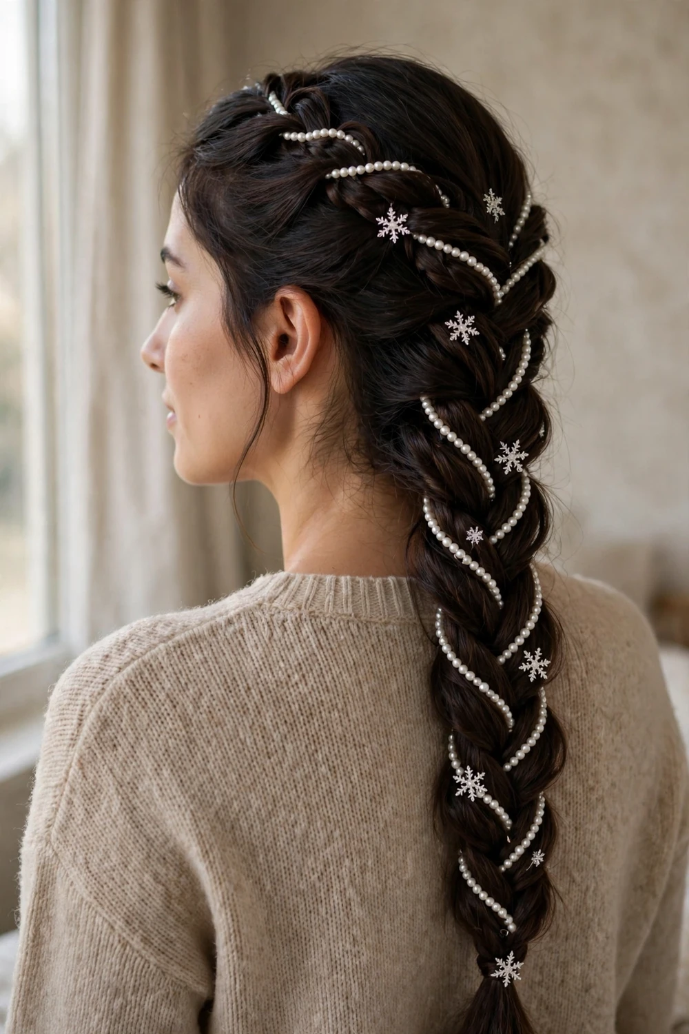 Elegant braid twisted with white pearl strands and tiny snowflake hair clips