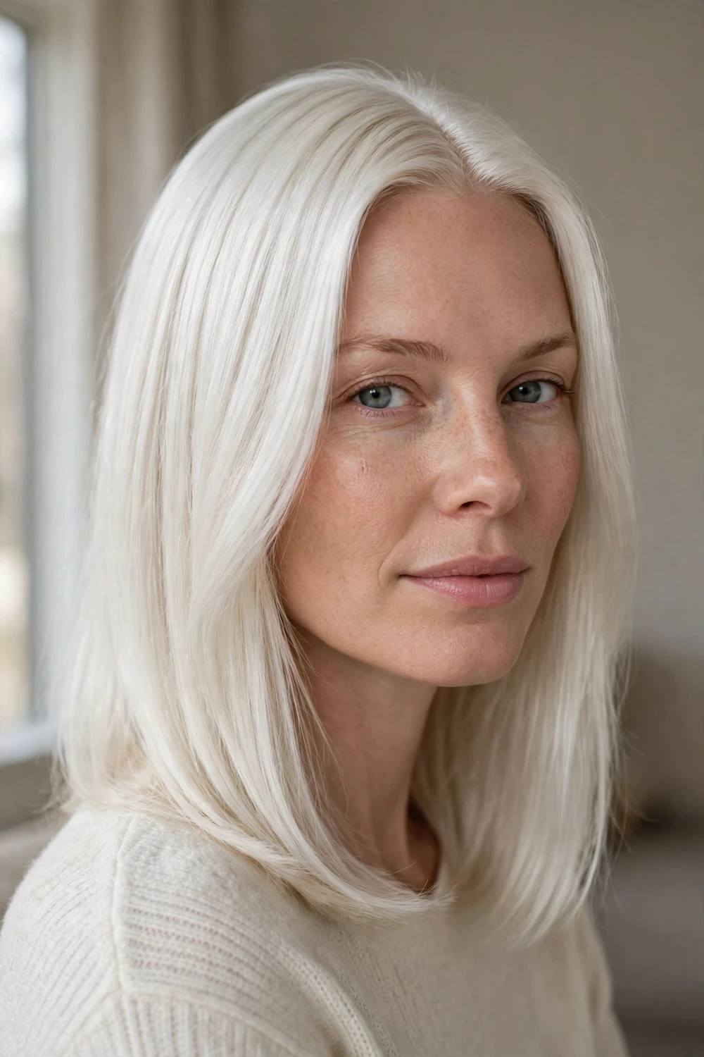Woman with snowy platinum blonde straight hair in a bright icy white-blonde shade