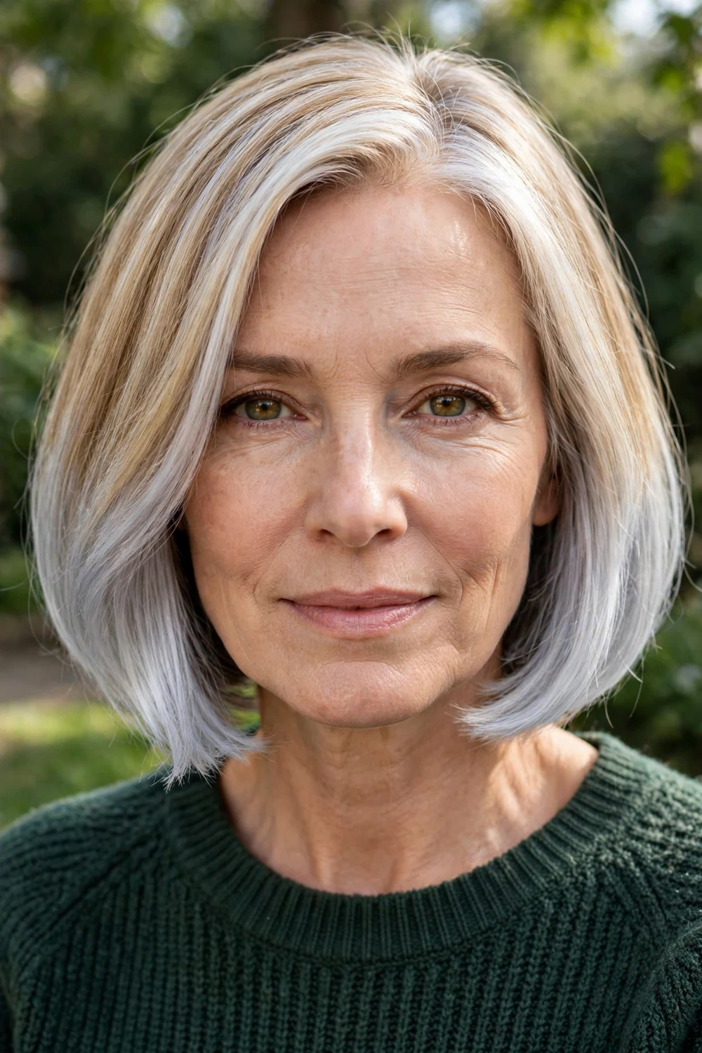 Woman in her 50s with snowy silver balayage over light blonde bob