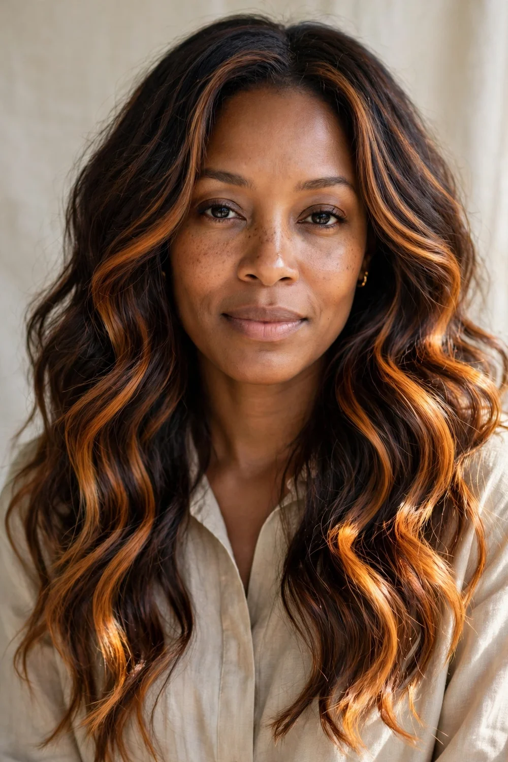 Woman with warm amber ribbon highlights woven through deep espresso brown wavy hair, natural daylight