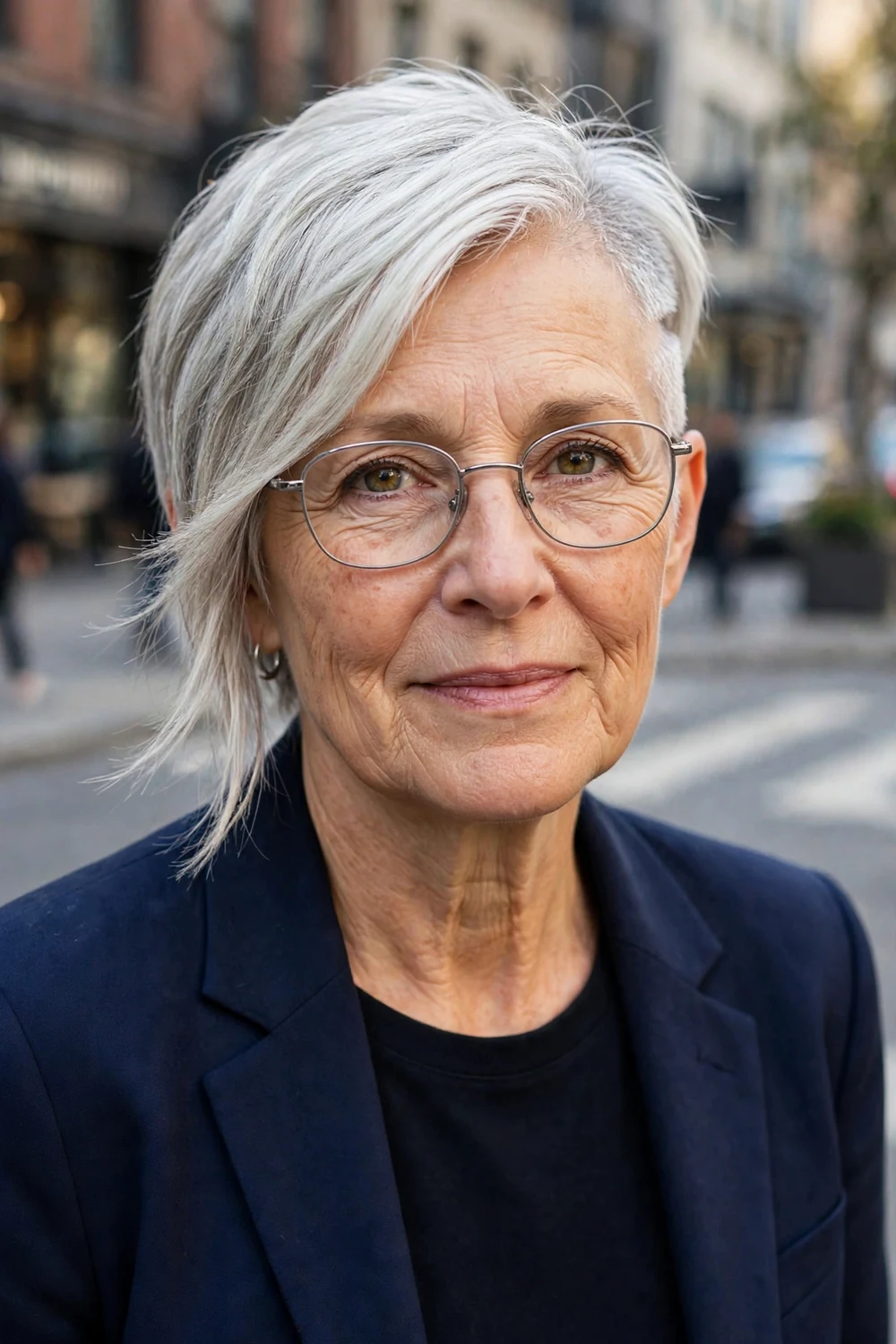 Caucasian woman in her mid 60s with a soft asymmetrical white pixie, one side longer, the other undercut