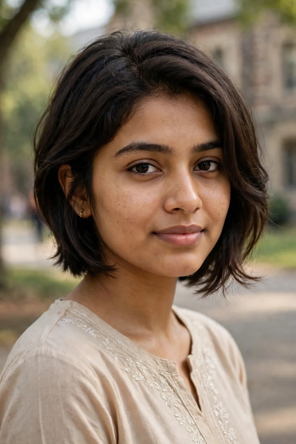 Woman with an oval face wearing a soft bixie cut