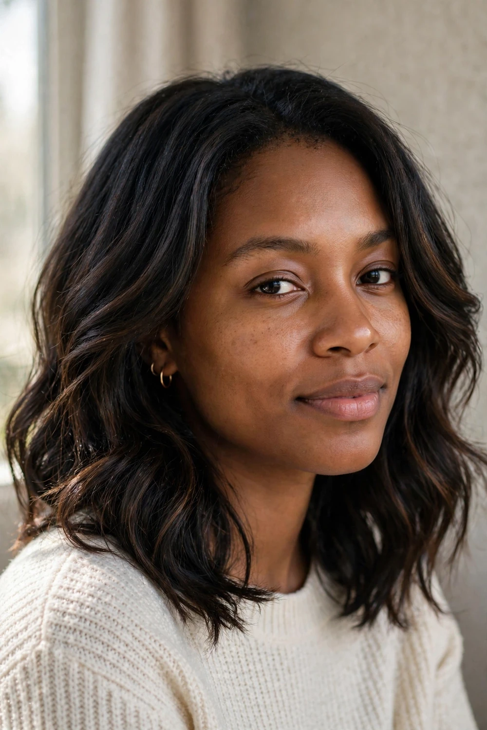 Woman with soft black hair in a softer-than-jet black shade with espresso undertones