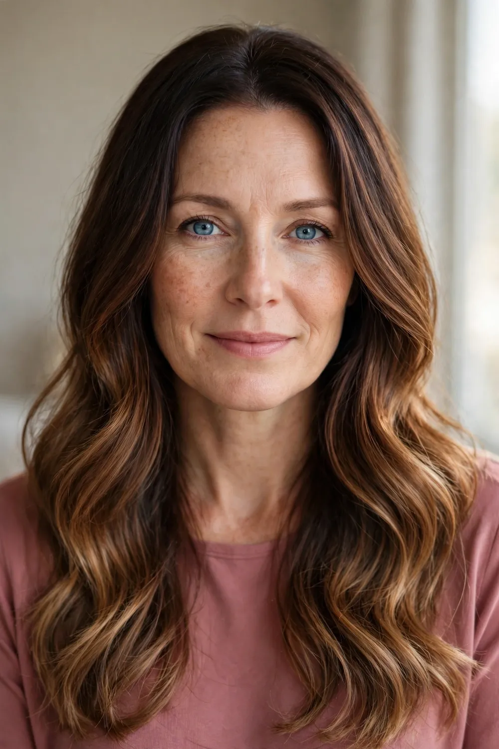 Soft chestnut ombre fading from deep chocolate roots to warm chestnut ends