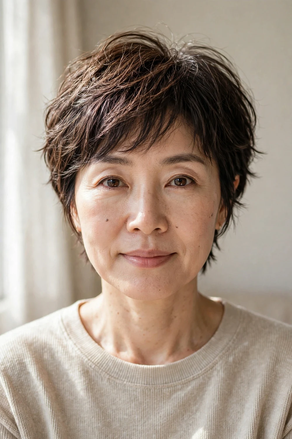 Soft wispy choppy pixie on fine hair creating the illusion of density