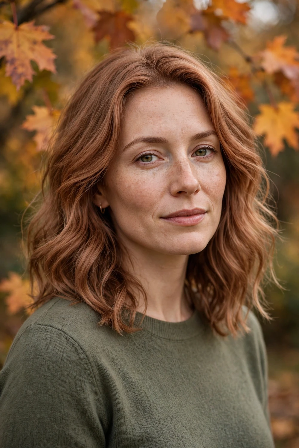 Woman with soft copper fall hair color