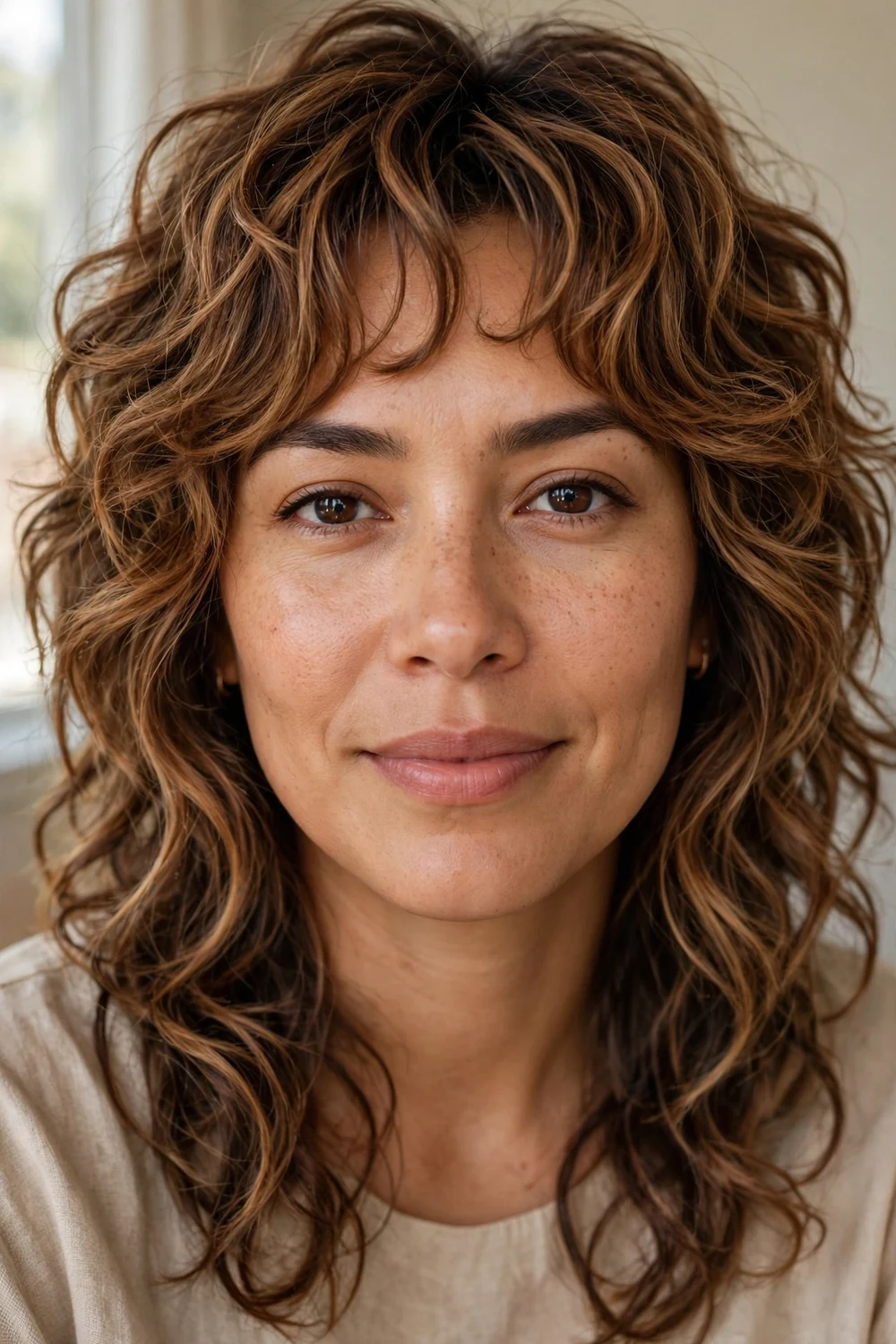 Woman with caramel medium hair in a soft curled shag