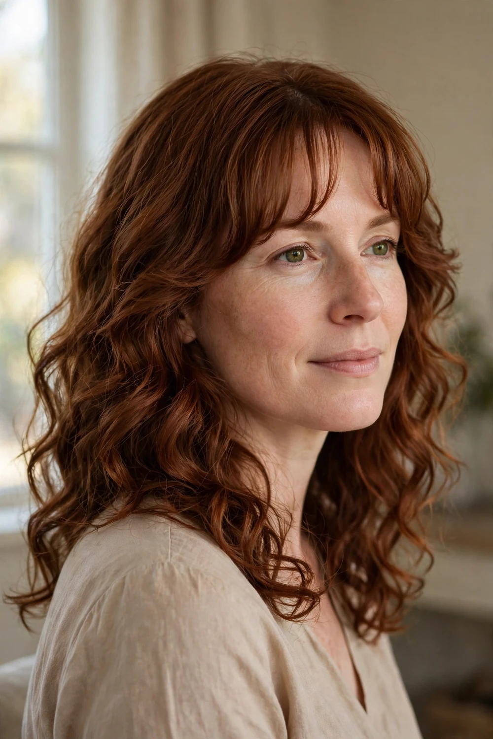 Soft loose curls with curtain bangs on fine auburn hair