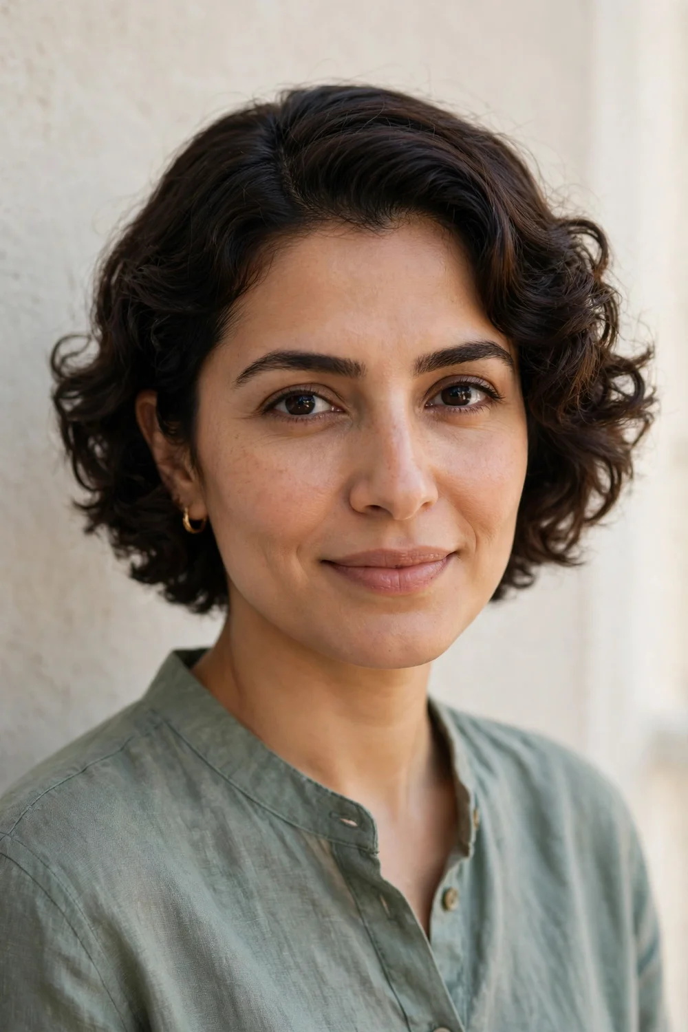 Woman with soft curls on short hair