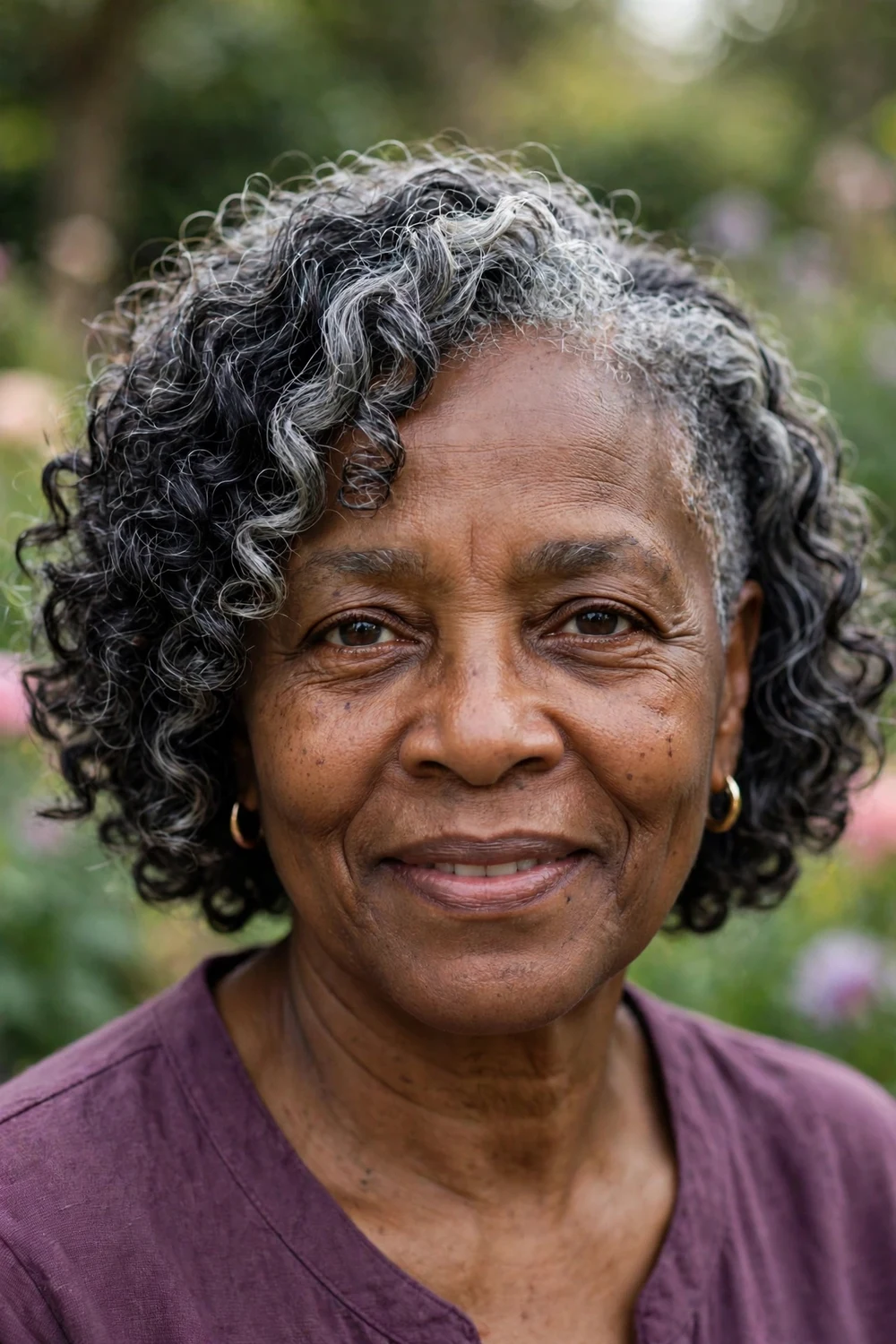 Black woman in her mid-60s with a soft curly bob in salt-and-pepper hair